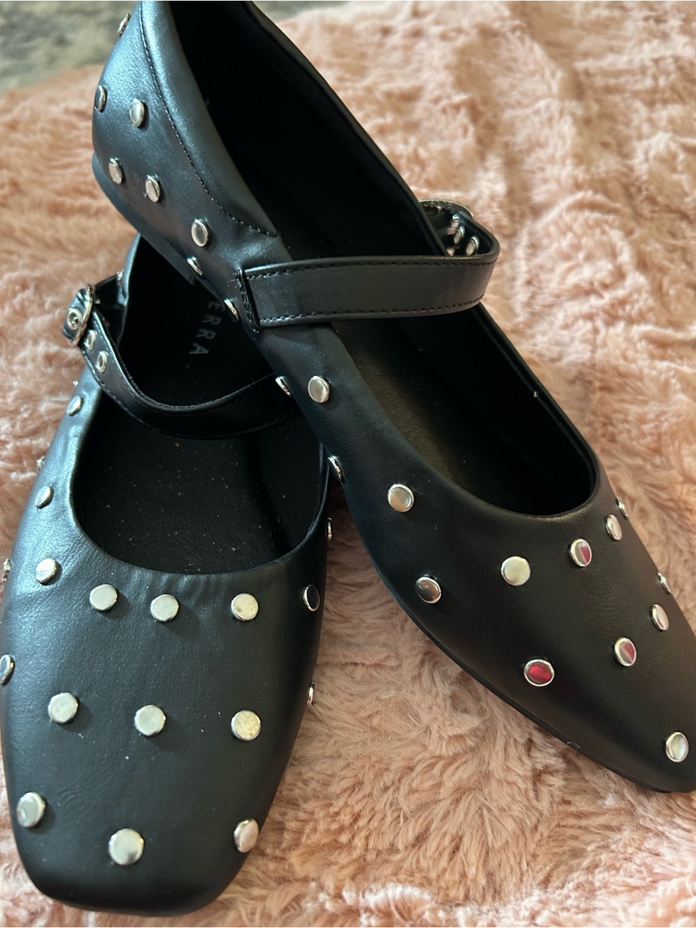Black Studded Mary Jane Flats. NEVER WORN. EXCELLENT CONDITION